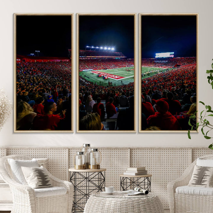 A premium canvas wall art print depicting Rutgers Scarlet Knights SHI Stadium filled with fans under vibrant lights.