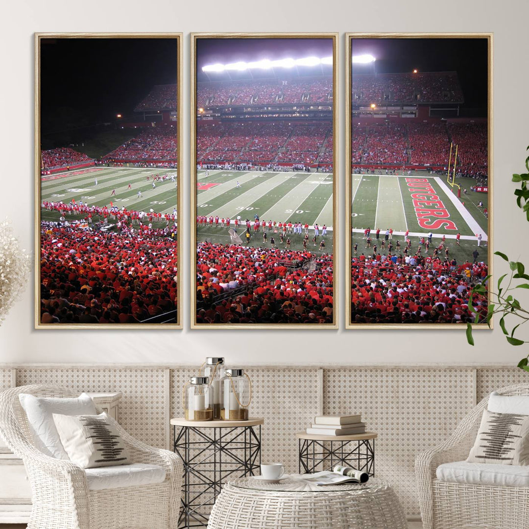 A bustling night game at SHI Stadium is captured as Rutgers Scarlet Knights wall art on a gallery-quality canvas print.