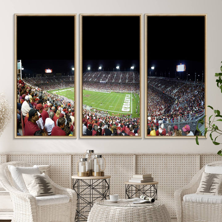 This Stanford University Cardinal Football Team canvas print, depicting fans in red filling Stanford Stadium at night, is perfect.