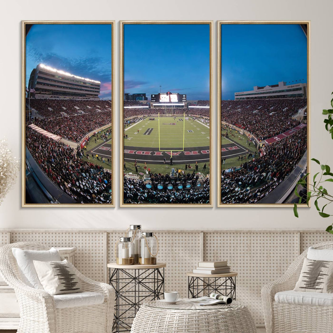 The wall art in the living room features a Texas Tech Red Raiders Football Team Print, showcasing Jones AT&T Stadium at dusk.