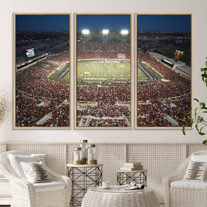 Canvas wall art featuring an aerial view of the Texas Tech Red Raiders packed night game at Lubbock’s Jones AT&T Stadium.