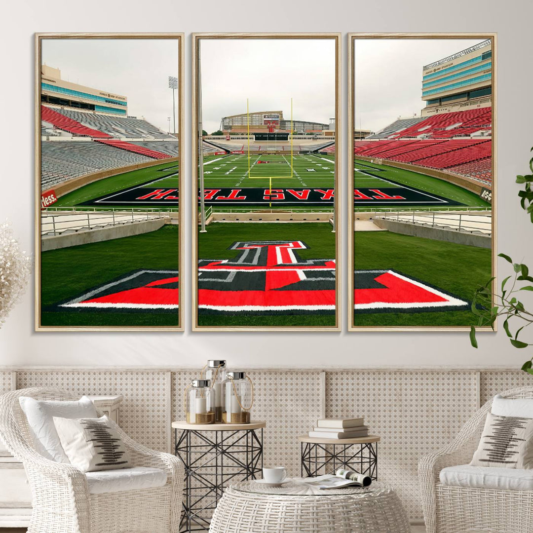 Gallery-quality print of Lubbock Jones AT&T Stadium featuring the Texas Tech Red Raiders field, highlighted by red and gray bleachers.