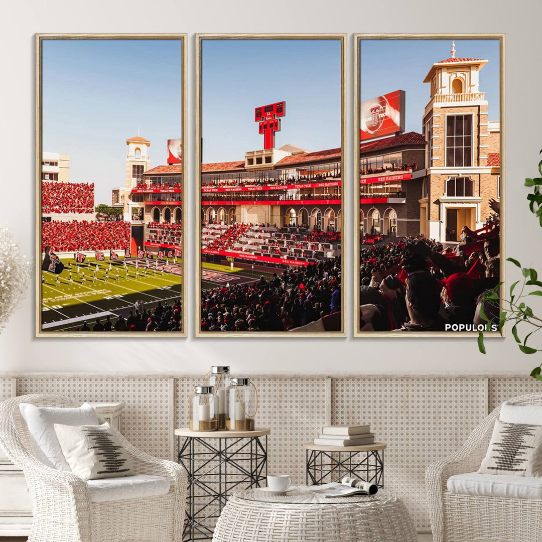 The three-panel Jones AT&T Stadium wall art is ideal for enhancing the living room decor of college football fans.