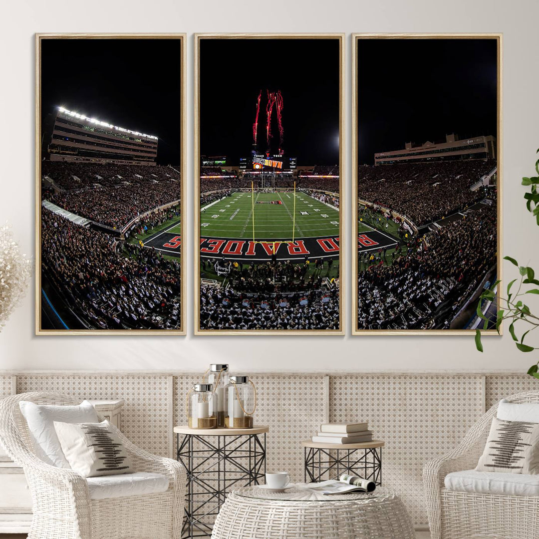 The wall features a Texas Tech Red Raiders Football Team Print on canvas, showcasing fireworks over a packed stadium at night.