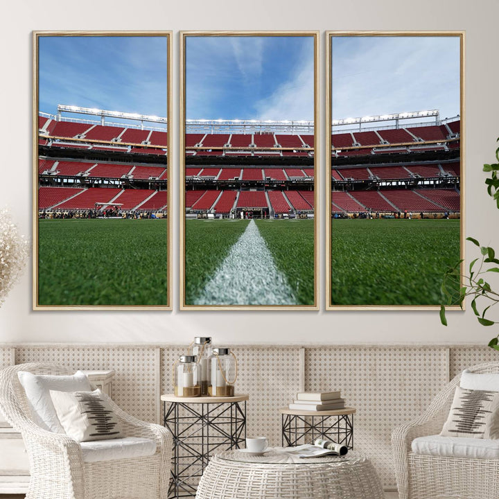 A canvas print of the University of Tulsa Golden Hurricane showcases H.A. Chapman Stadiums football field and red seats against a backdrop of a blue sky.