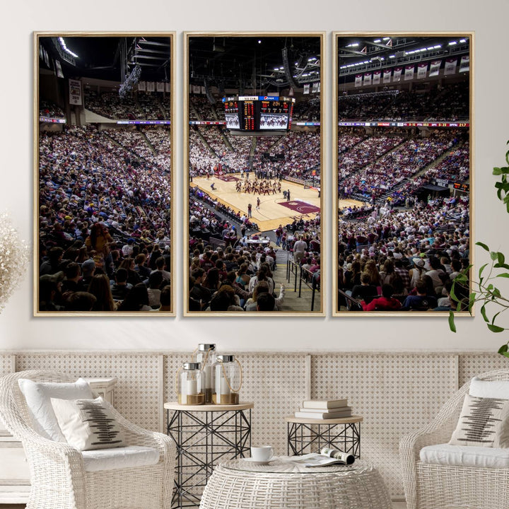 The Nebraska Basketball Arena Wall Art Canvas features an arena filled with Cornhuskers fans and players beneath a scoreboard.