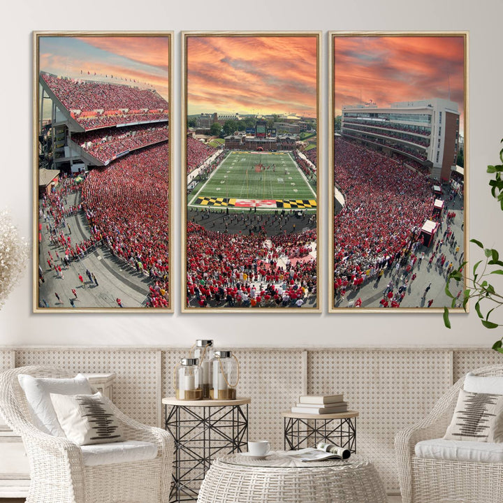 A packed SECU Stadium at sunset, ideal for your University of Maryland Terrapins Football Team wall art canvas print.