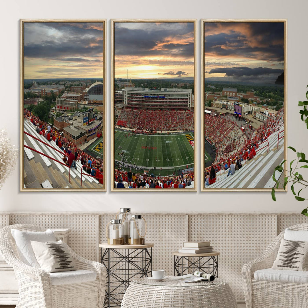 The University of Maryland Terrapins Football Team Print features SECU Stadium at sunset with vibrant skies.