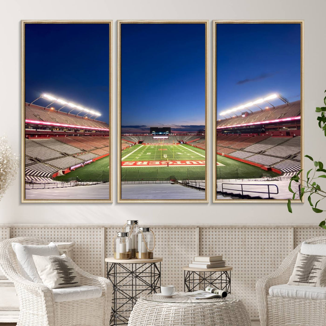 A large SHI Stadium at dusk, ideal for a Rutgers Scarlet Knights Football Team canvas print.