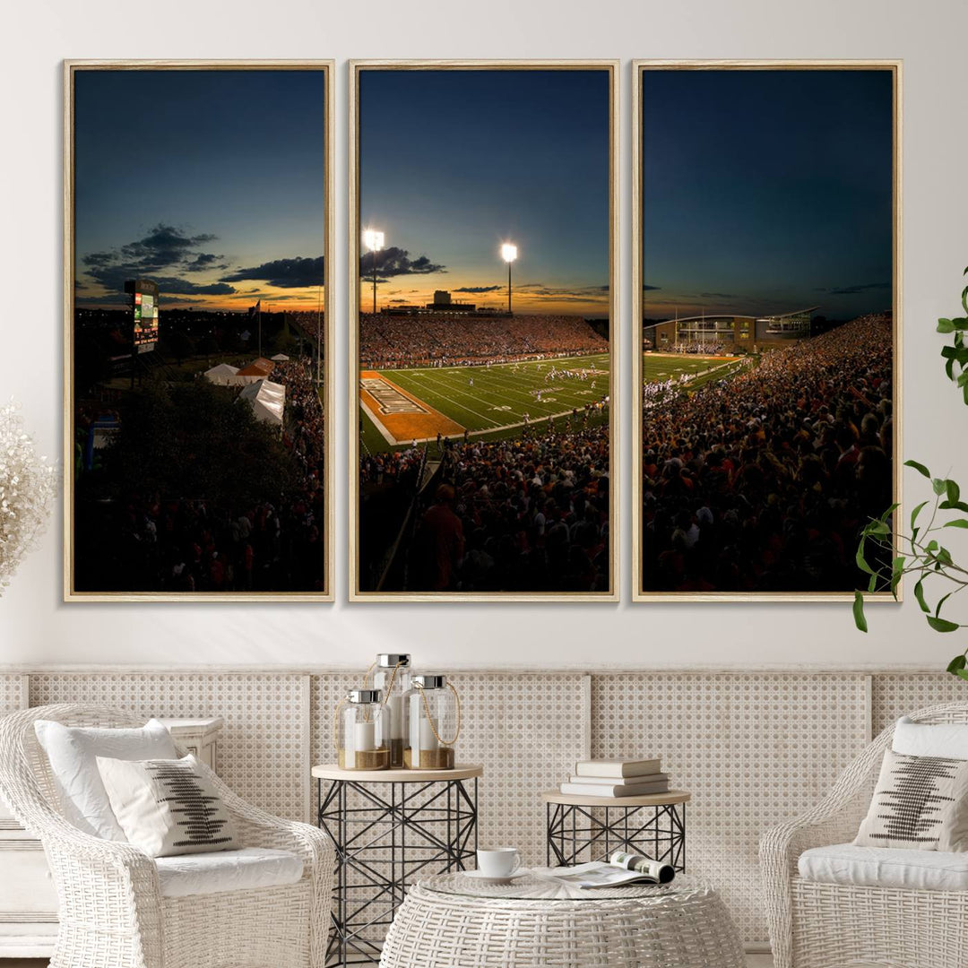 Ball State Cardinals Football Team Print - Muncie Scheumann Stadium Canvas featuring a sunset, floodlights, and lively crowd.