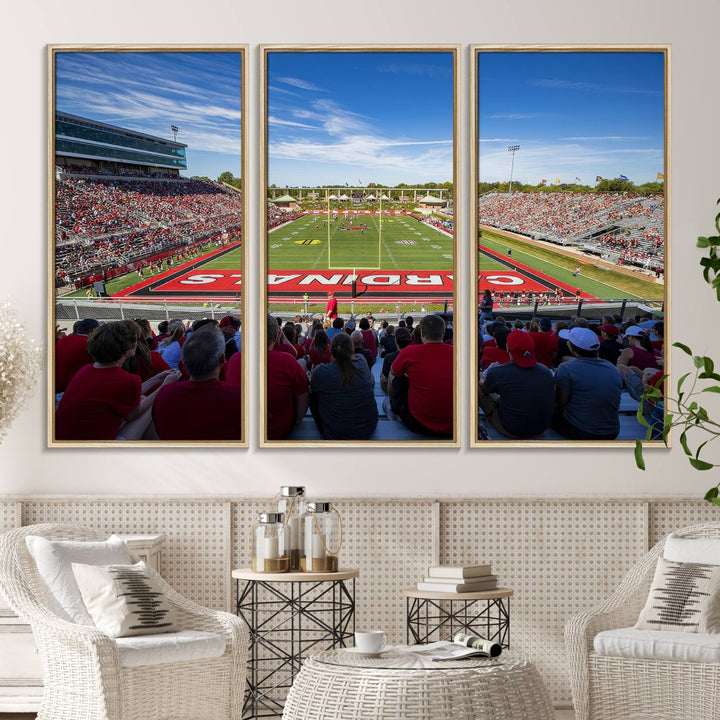 The Ball State Cardinals wall art on canvas depicts fans in red at Scheumann Stadium.