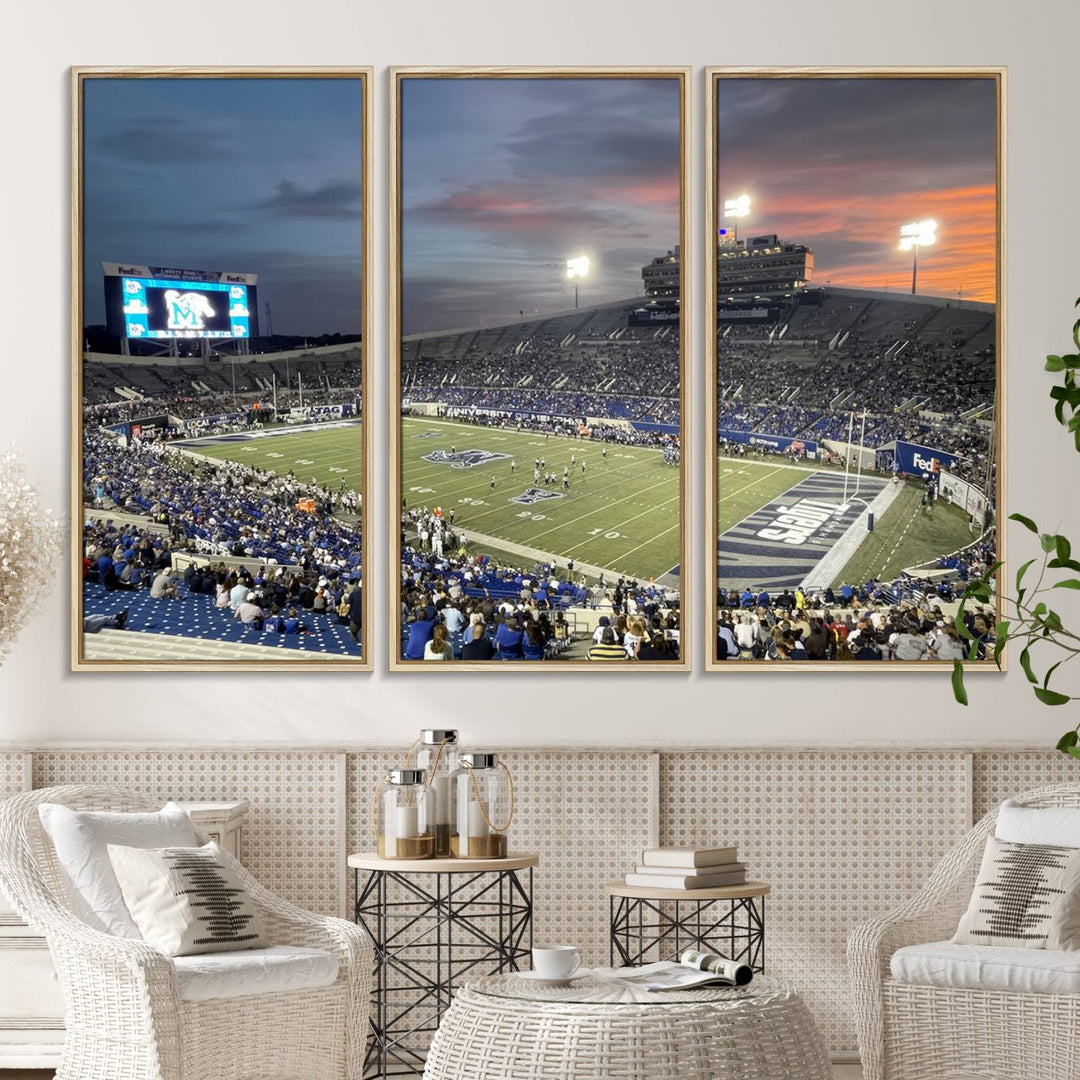 A Memphis Tigers football canvas print of Simmons Bank Liberty Stadium at sunset enhances the living room.