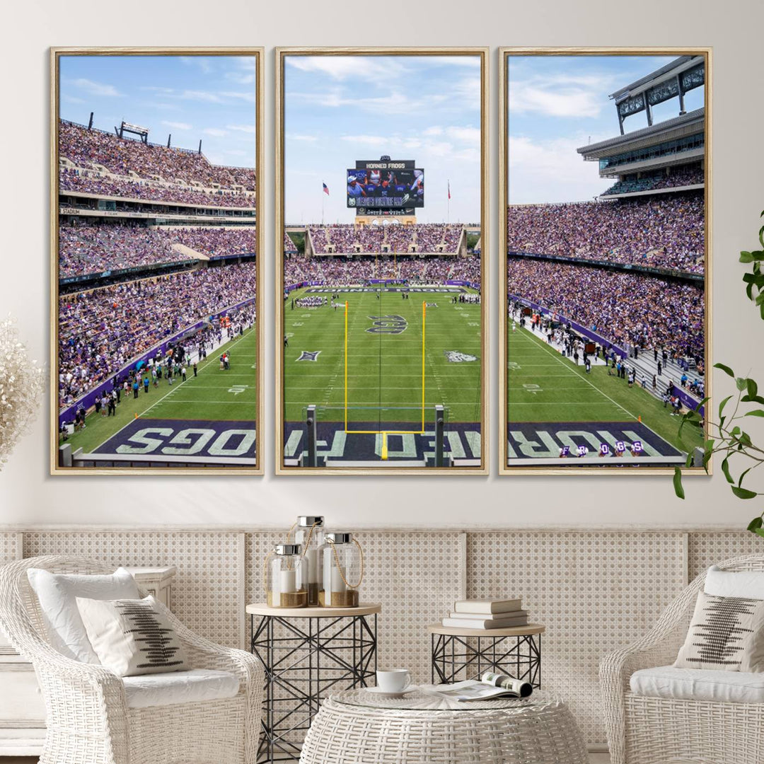 The TCU Horned Frogs print portrays a vibrant Amon G. Carter Stadium, filled with energy and game action.