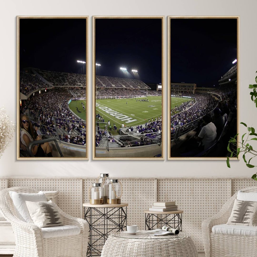 The wall art print features a night view of Amon G. Carter Stadium filled with TCU fans, showcased in the Horned Frogs Football Canvas Wall Art.