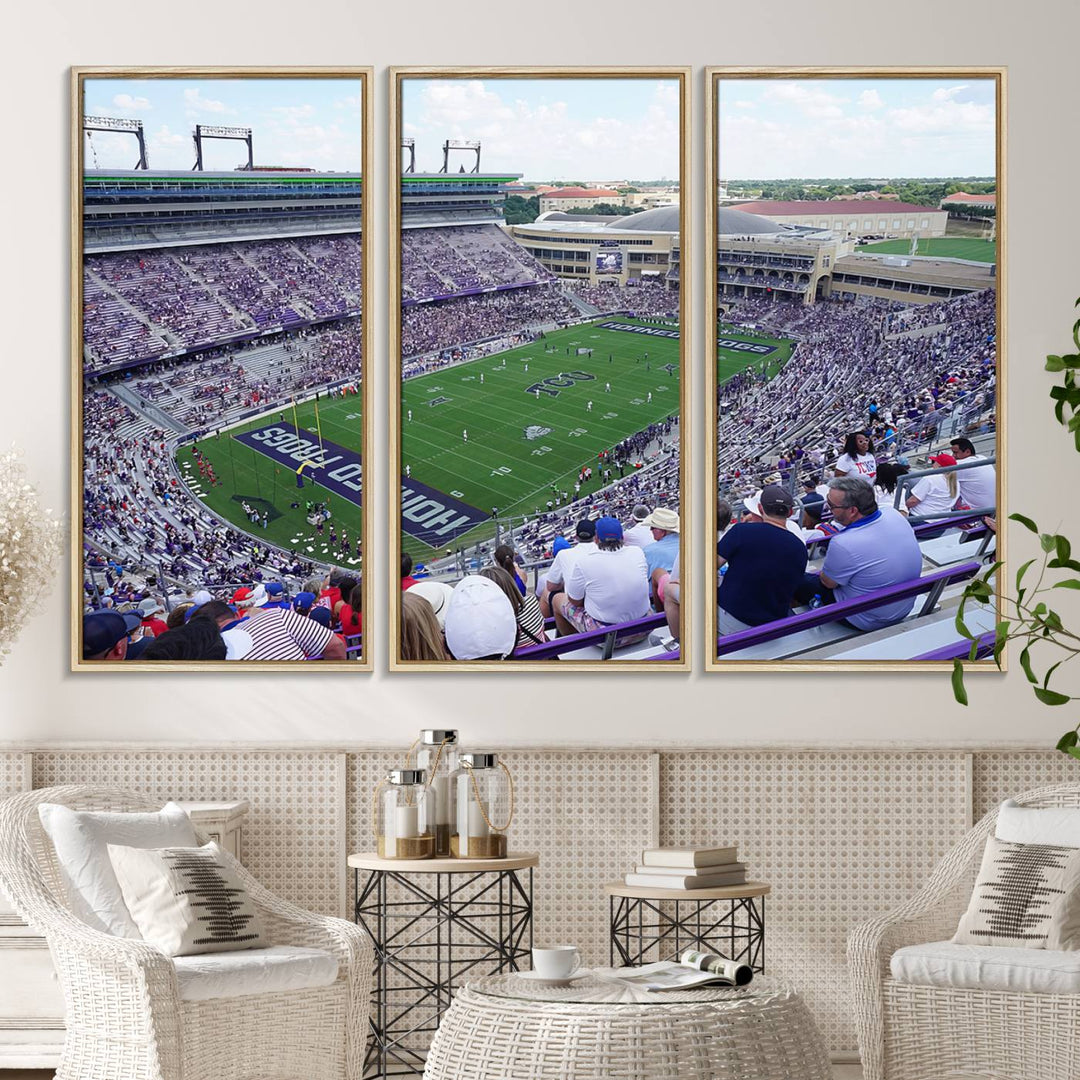 Amon G. Carter Stadium wall art canvas showcasing the TCU Horned Frogs and packed stands at Fort Worth.