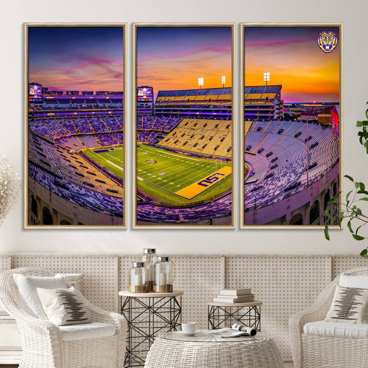 A canvas print of Tiger Stadium at sunset, depicting an empty field and stands, adorns the wall.