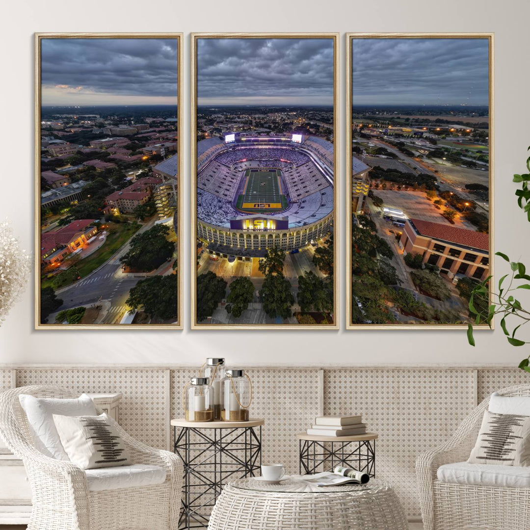 The LSU Tigers Football Team Baton Rouge Tiger Stadium Canvas is displayed prominently, capturing attention with its vivid depiction of the iconic stadium.