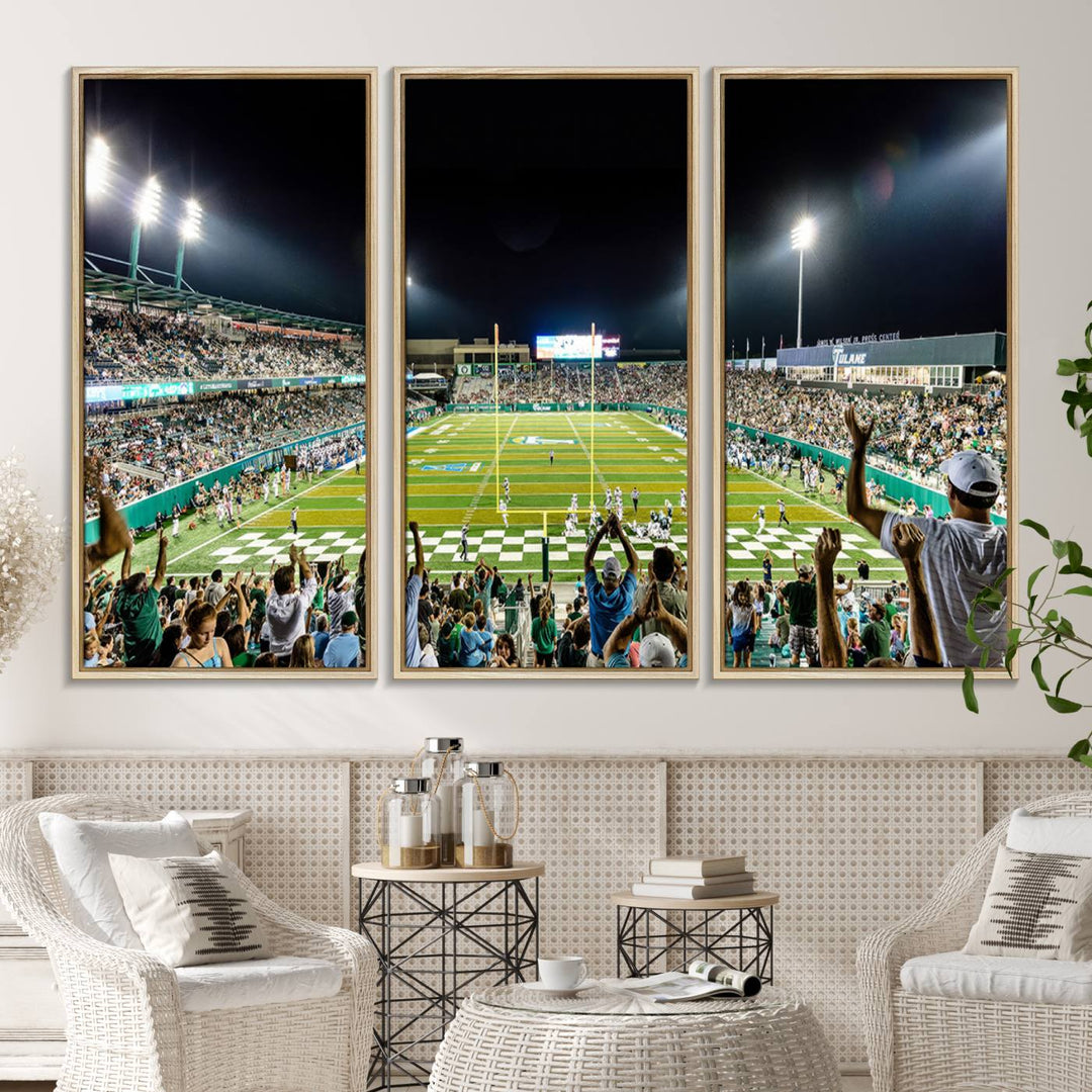 This vibrant wall art canvas print captures the excitement of fans cheering for the Tulane Green Wave Football Team under the lights of Yulman Stadium.