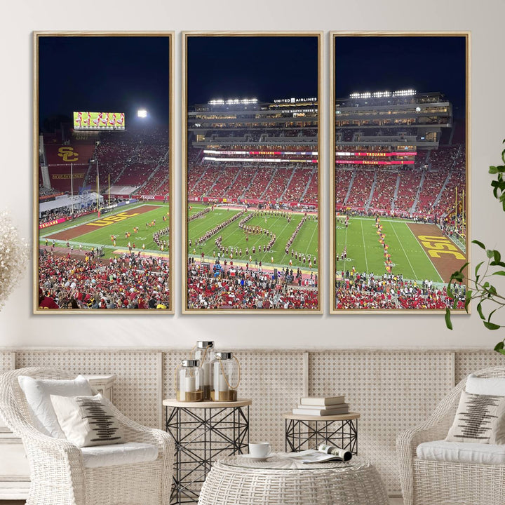 Canvas print depicting a packed stadium at night with a marching band forming USC, celebrating the Trojans at Los Angeles Memorial Coliseum.