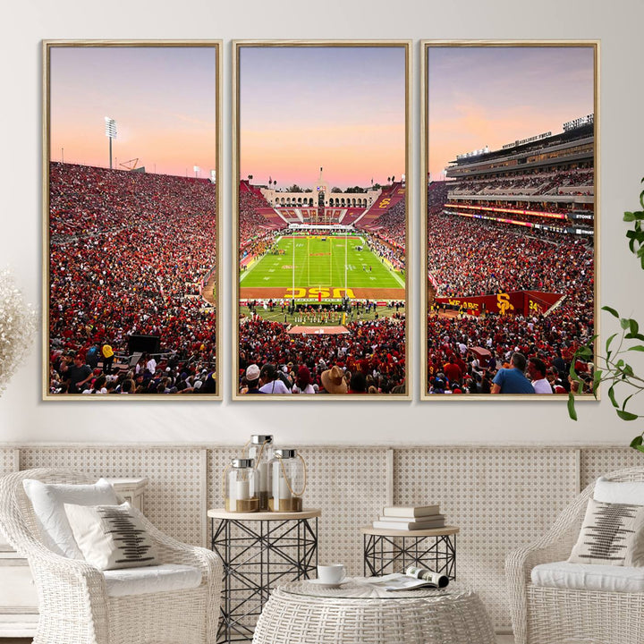 A USC Trojans wall art canvas print highlights the scene, depicting the Coliseum Stadium at sunset.