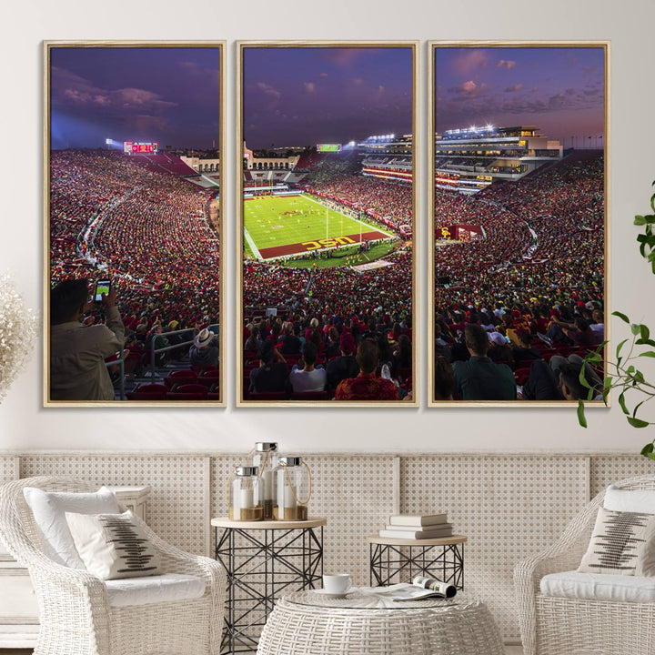 The vibrant wall art canvas print captures the USC Trojans playing under lights at dusk in LA Memorial Coliseum.