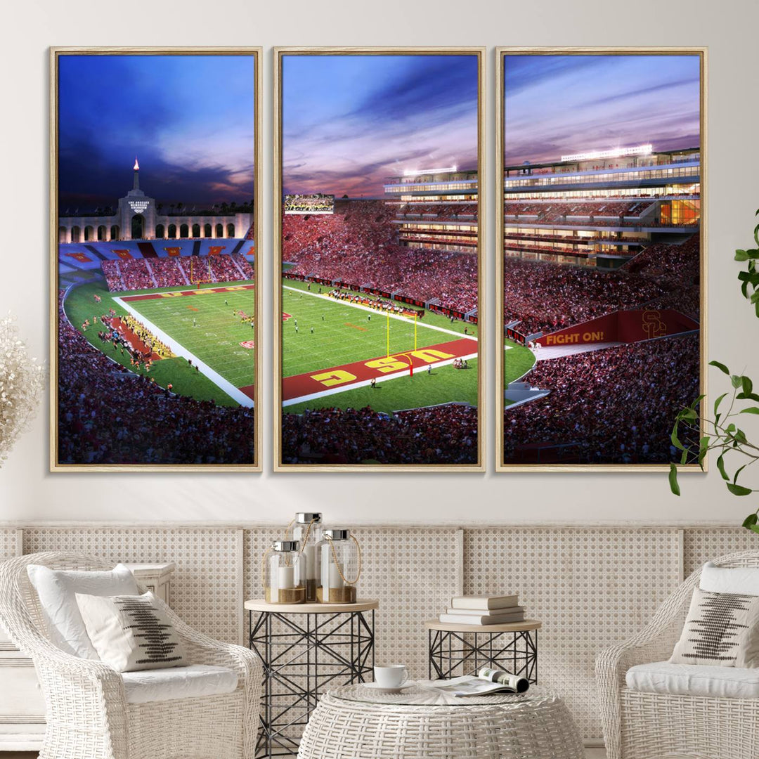 A vibrant painting of fans cheering for The University of Southern California USC Trojans under bright stadium lights.