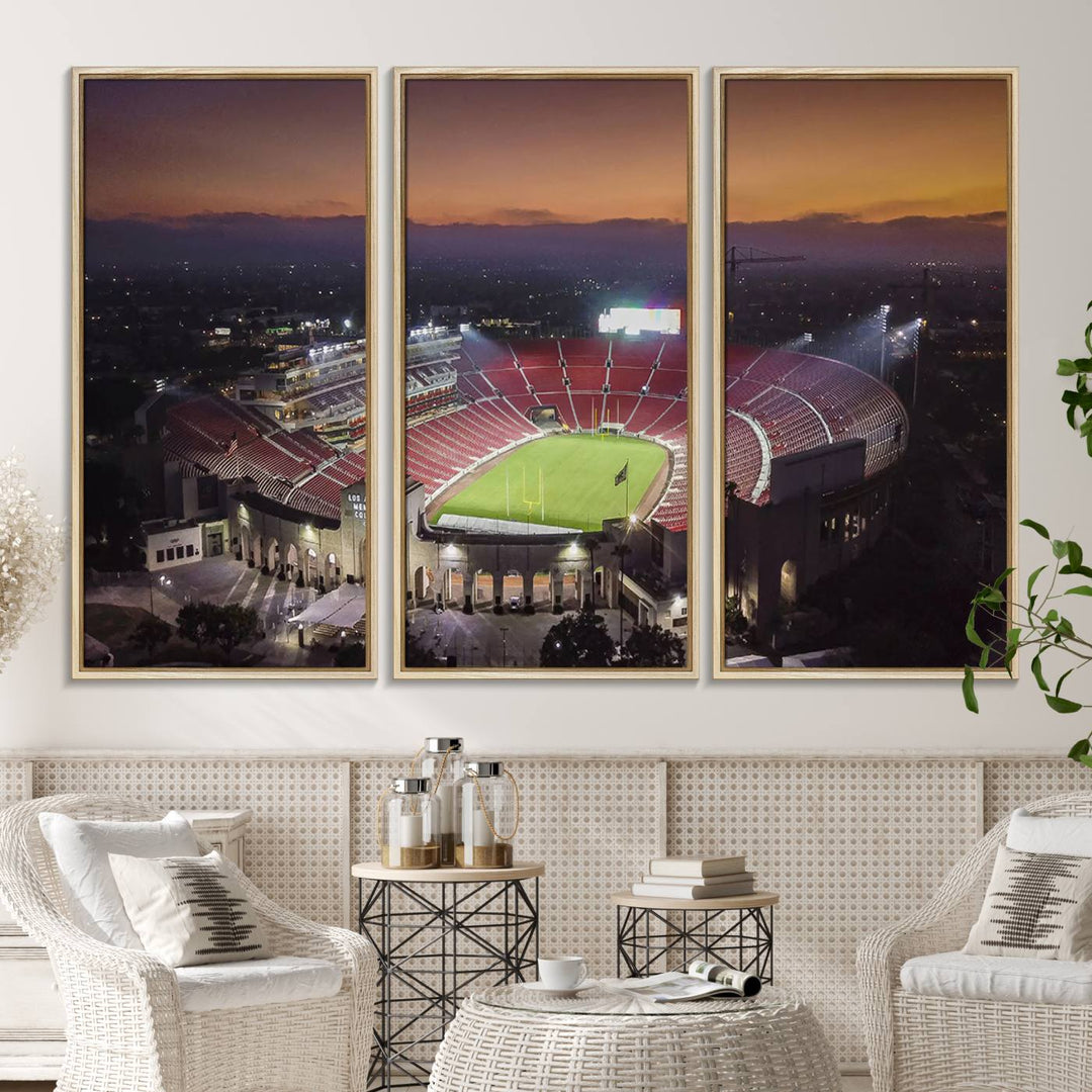 The USC Trojans Stadium canvas captures Memorial Coliseum at twilight, showcasing red seats and a green field beneath an orange sky.