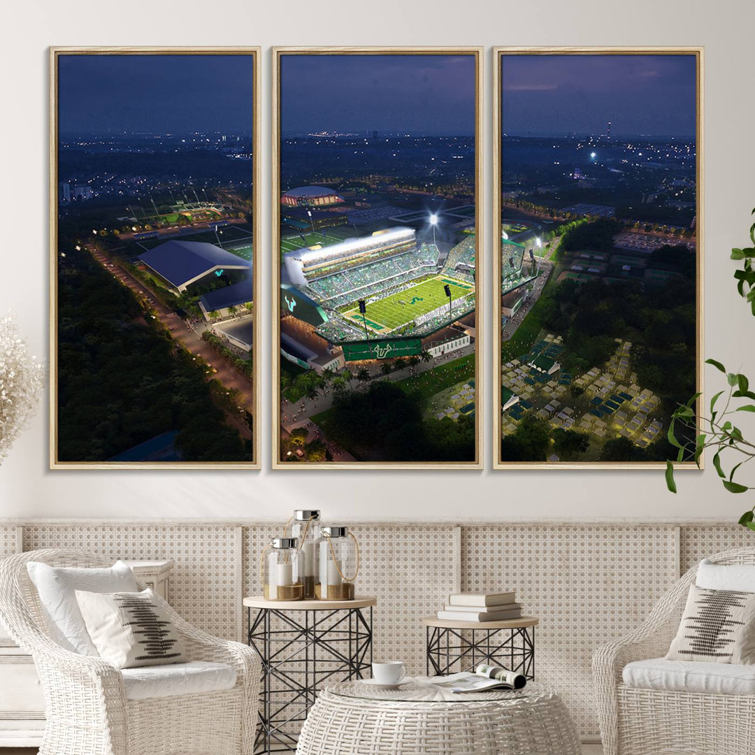 The USF Bulls Football Team Wall Art Canvas Print showcases the Tampa USF Football Stadium at night with city lights.