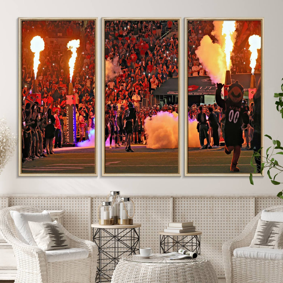 This canvas print captures the UTSA Roadrunners storming the Alamodome under smoke and fire.