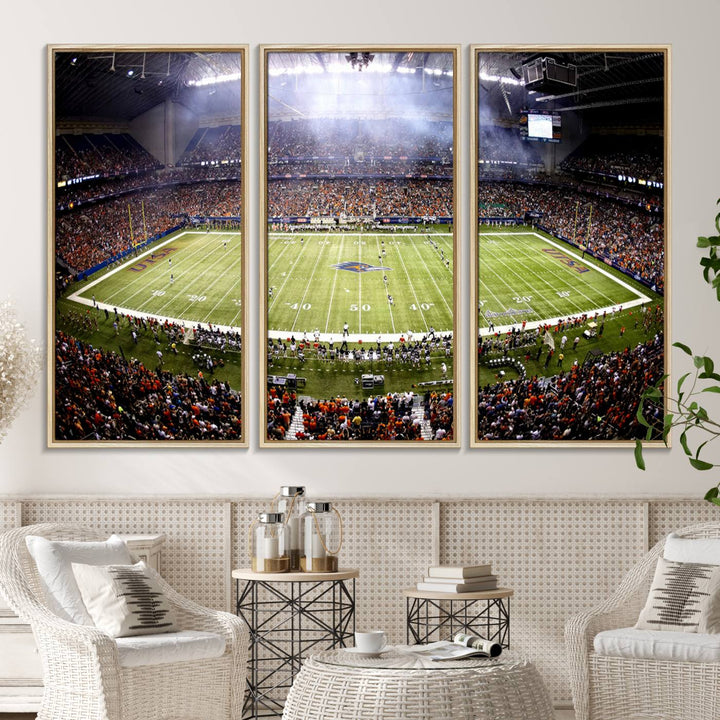 The modern living room features an Alamodome wall art canvas print, depicting a stadium filled with spectators for a UTSA Roadrunners game.