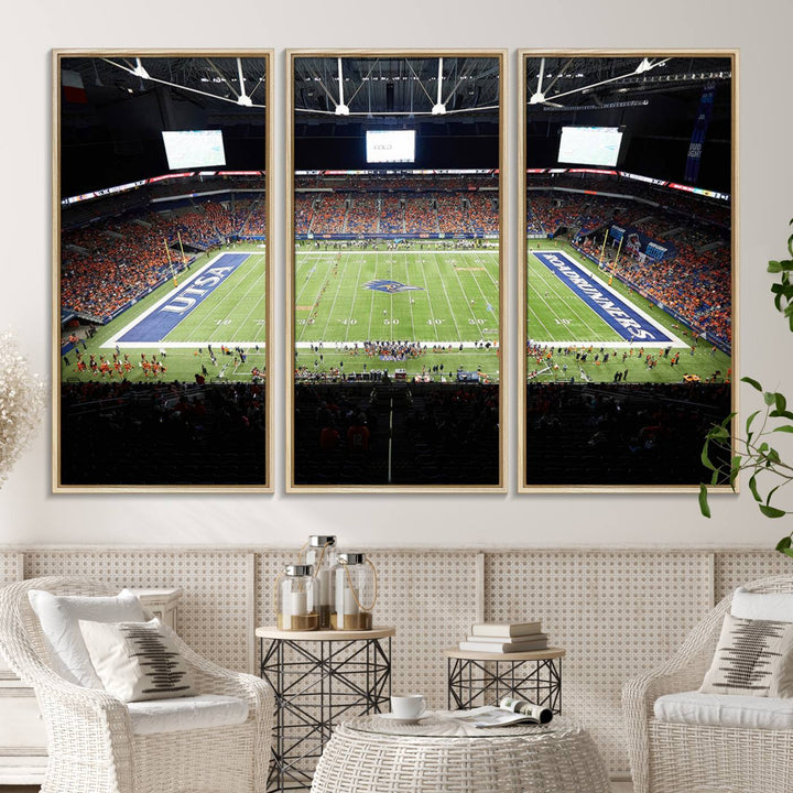 The UTSA Roadrunners game at Alamodome canvas print captures the scene from above, displaying fans and the UTSA lettering on the field.