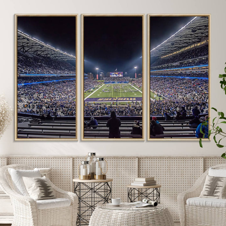 A canvas print titled The University of Washington Huskies Football depicts a packed Husky Stadium at night, as seen from the stands.