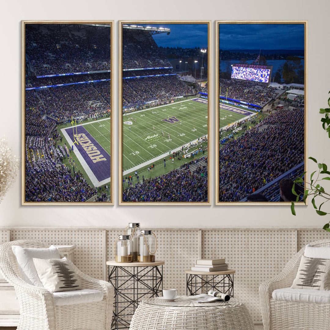 The University of Washington Huskies Football Team Print: Seattle Husky Stadium Wall Art Canvas captures a dusk stadium view.