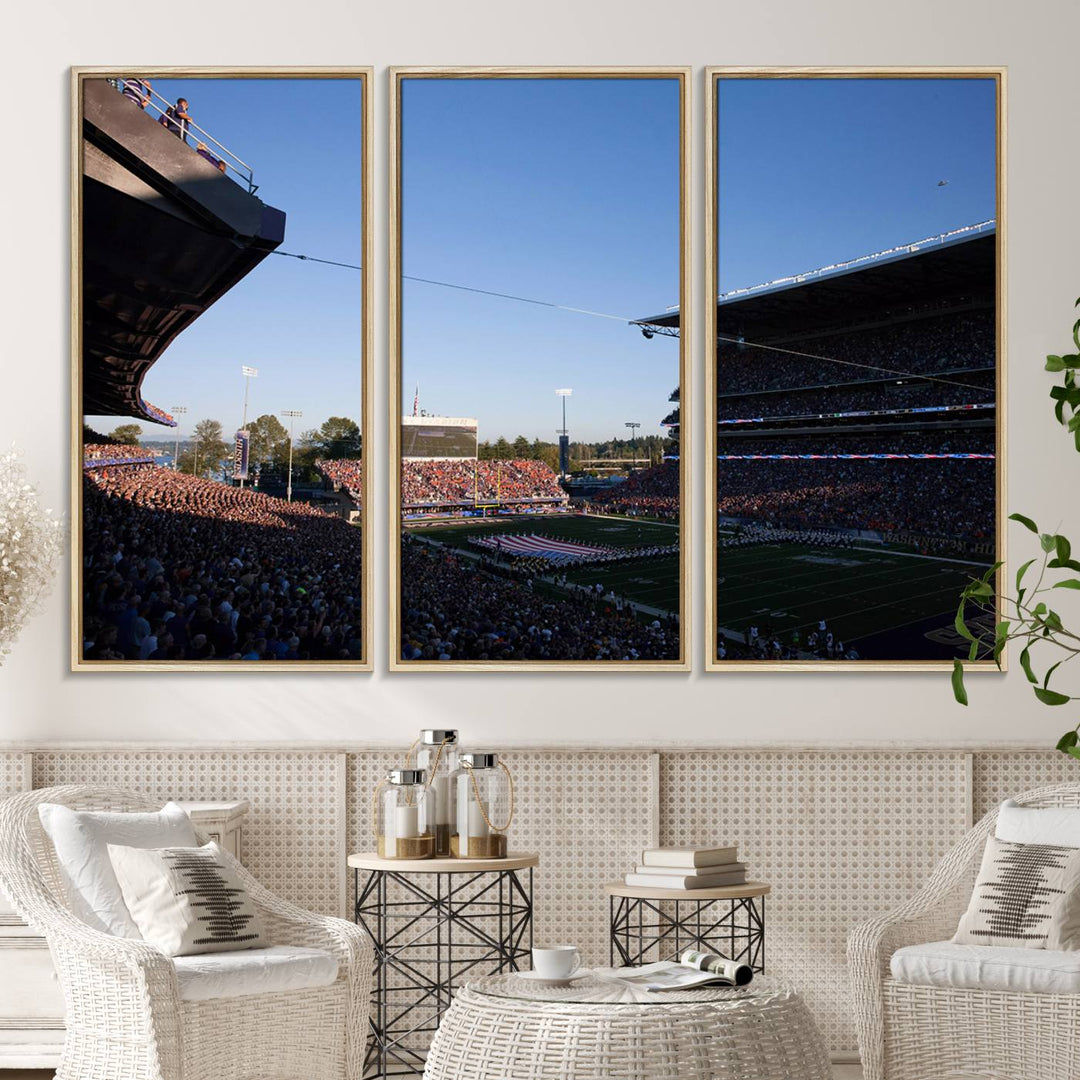 The University of Washington Huskies wall art print depicts Husky Stadium coming alive with fans as flags flutter.