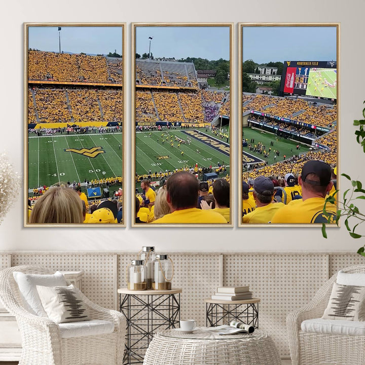 A Puskar Stadium canvas print decorates the modern living room shelf.