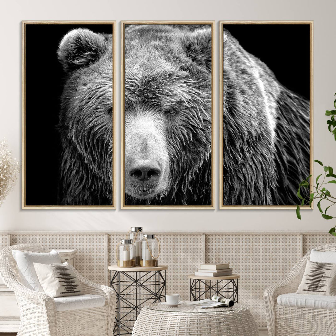 The 399 Grizzly Bear Canvas Print is displayed prominently on a wall in a modern living room.