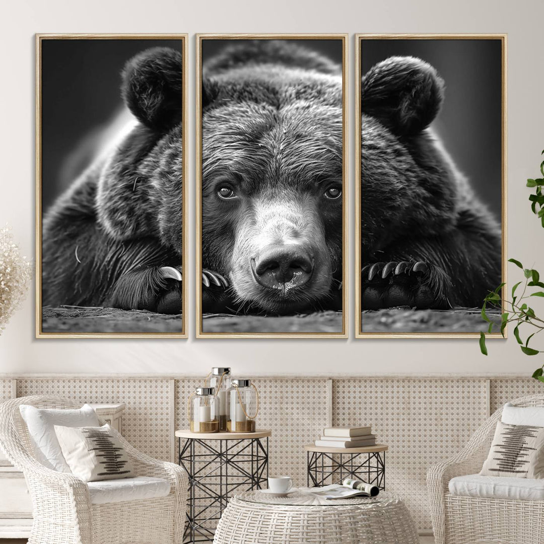 A black and white canvas print titled Resting Grizzly 399 Bear is displayed prominently.