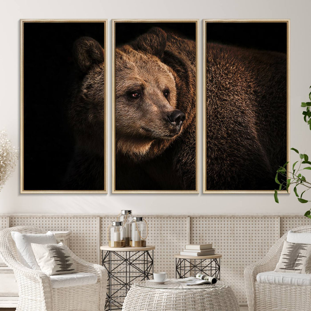 The Wild Grizzly 399 Bear Canvas Wall Art Print enhances modern living rooms with its neutral color palette.