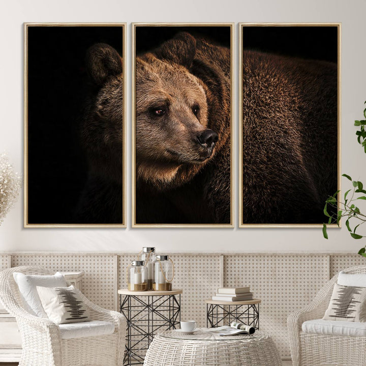 The Wild Grizzly 399 Bear Canvas Wall Art Print enhances modern living rooms with its neutral color palette.