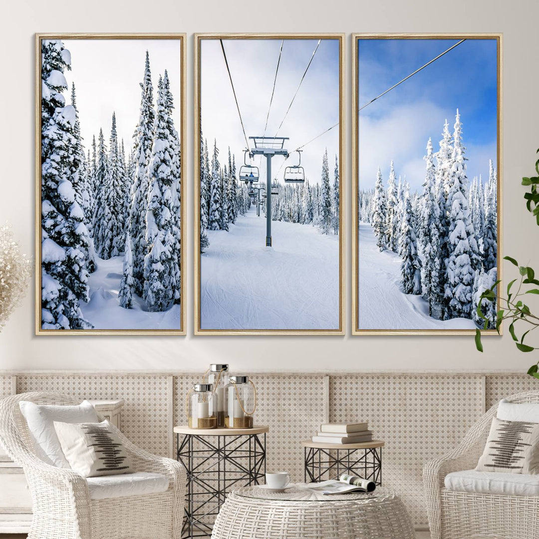 Winter Ski Lift Wall Art Print: Snowy Mountain Adventure, ideal for cabin or farmhouse decor under a clear blue sky.