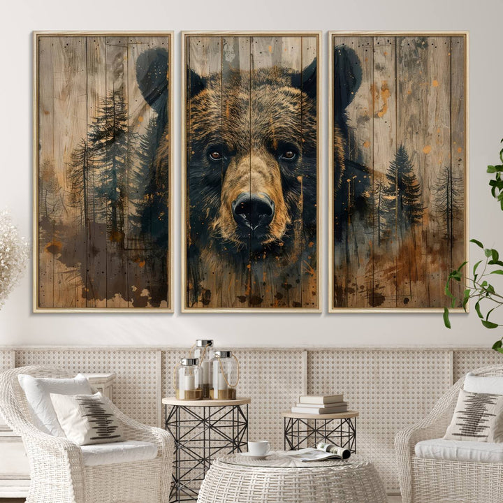 Abstract 399 Bear Wall Art showcases a bears face intertwined with forest trees, ideal for enhancing rustic lodge, cabin, or barn decor.