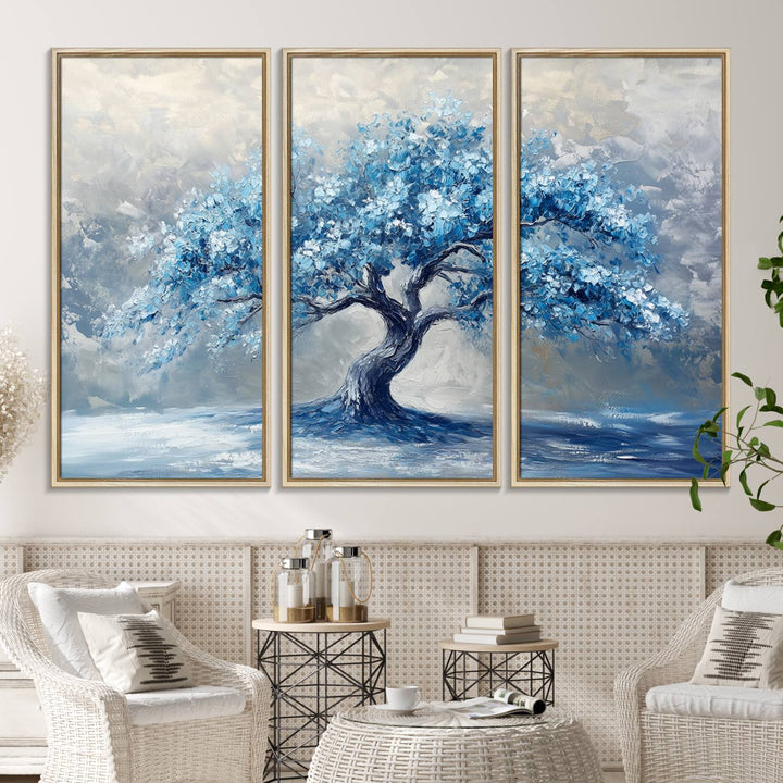 Abstract Blue Tree Art Print featuring textured blues and grays, perfect for farmhouse decor.