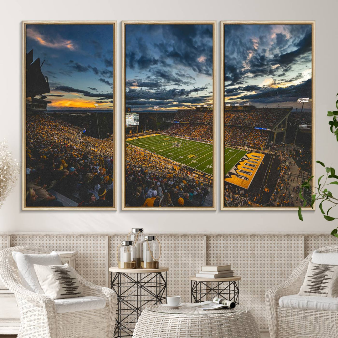 Laramies War Memorial Stadium Print captures a stunning scene of the stadium during sunset, set under a partly cloudy sky illuminated by bright lights.