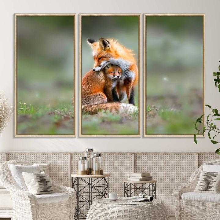 Heartwarming Fox and Baby Cub Wall Art - ready to hang, ideal for animal lovers, rustic decor, and cabin wall art.