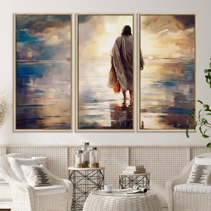 The wall art depicts a robed figure walking on water towards a boat, framed by a stunning sunset. This is showcased in the Jesus Walking on Water Triptych Canvas Print.