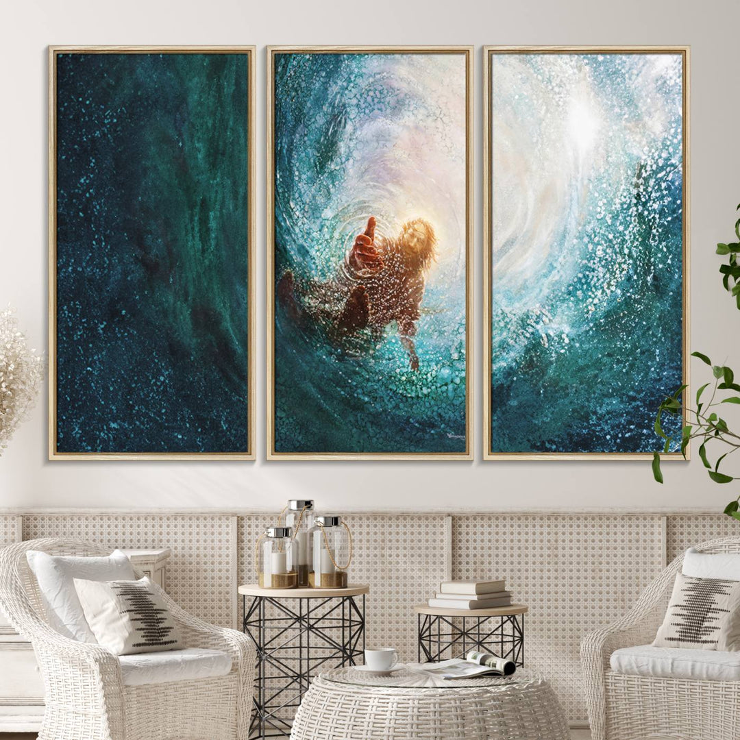 A swimmer heads towards light in an ethereal vortex on the Powerful Jesus Canvas Print - Hand of Salvation, Inspirational Wall Art.