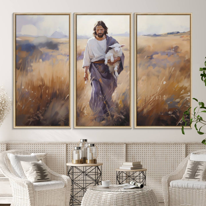 A canvas art piece depicts a bearded man carrying a lamb in a field, reminiscent of Jesus the Good Shepherd, ideal for prayer room decor.