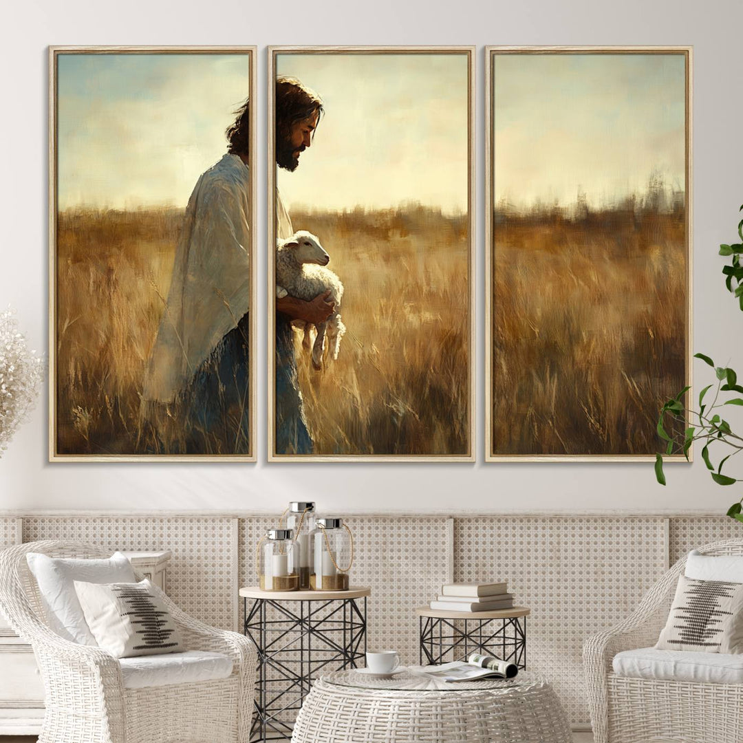 The Jesus the Good Shepherd wall art print depicts Jesus gently holding a lamb under a clear sky.