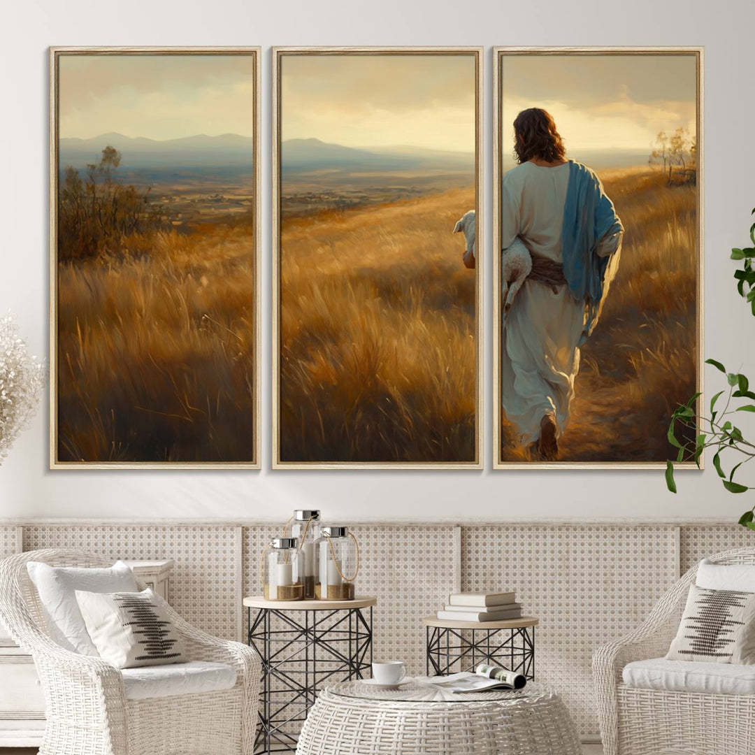 The wall art, titled Jesus the Good Shepherd, depicts a golden field at sunset.