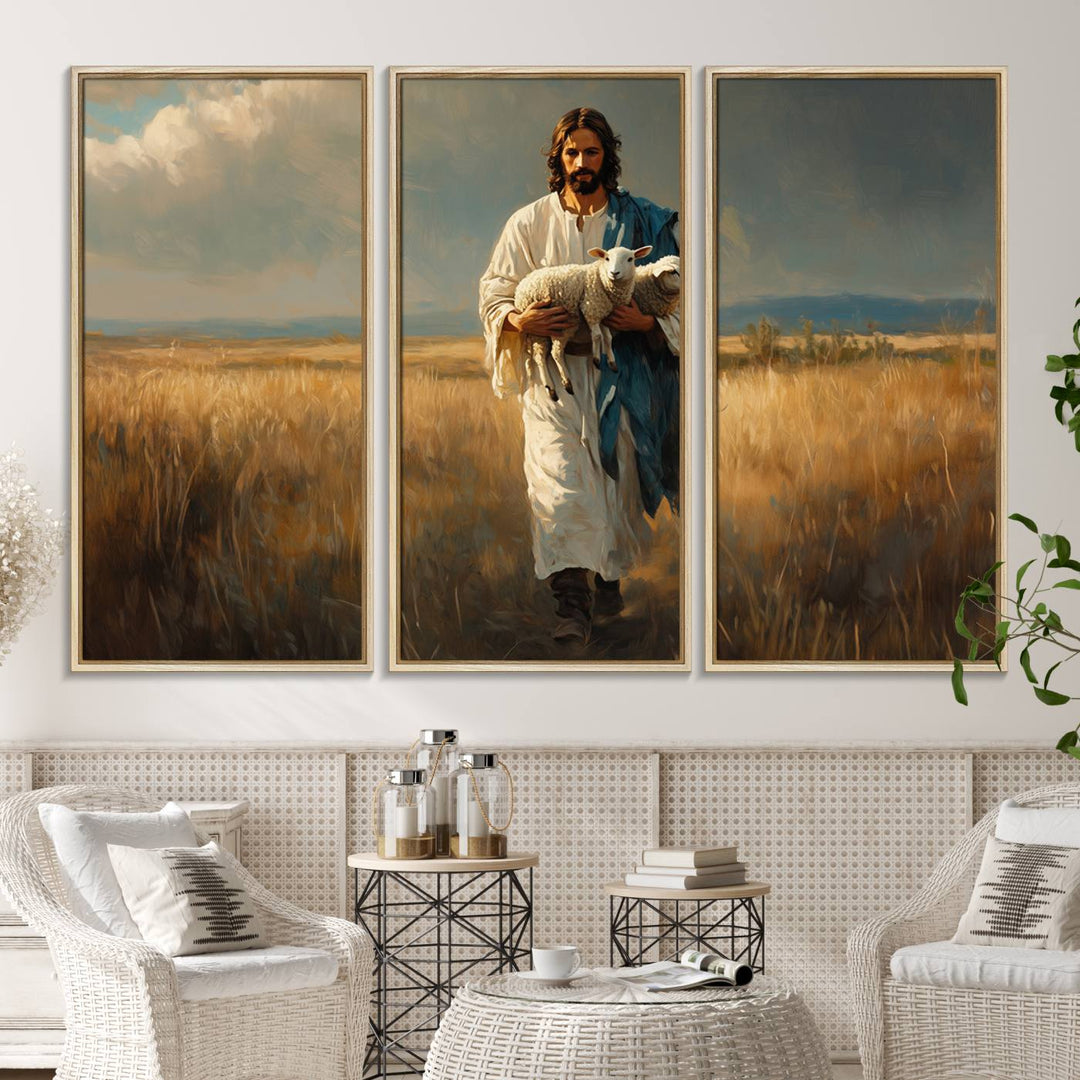 This Jesus Shepherd Wall Art depicts a figure in a white robe carrying a lamb, making it an ideal piece of Christian decor for your home.